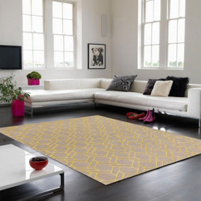 Silver Yellow Wool Handmade Luxurious Modern Geometric ,Chequered Rug For Living Room and Bedroom-120cm X 170cm