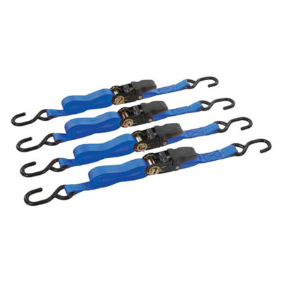 Silverline Rubber-Handled Ratchet Tie Down Strap S-Hook 4pk - 4m x 25mm Rated 350kg Capacity 700kg