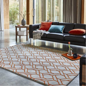 SilverOrange Wool Handmade Luxurious Modern ,Chequered Geometric Rug For Living Room and Bedroom-120cm X 170cm