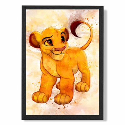 Simba Cub Watercolour Lion King Art Print with Black Frame SIZE: A4