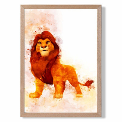 Simba Watercolour Lion King Framed Print SIZE: A2 with Oak Frame