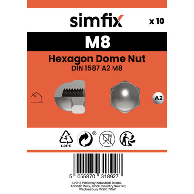 Simfix Dome Nut DIN 1587 A2 Stainless Steel (M8), Pack of 10 Nuts