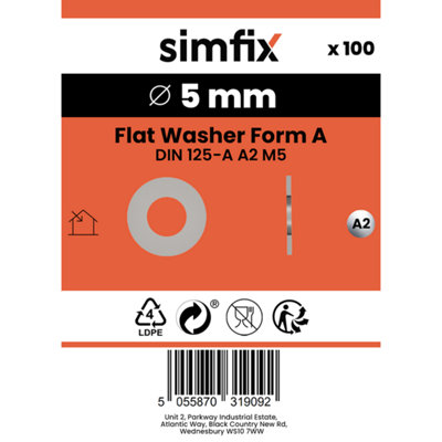 Simfix Flat Washer, Form A DIN 125-A A2 Stainless Steel (M5), Pack of ...