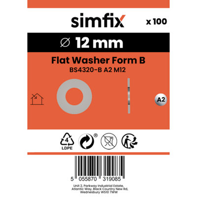 Simfix Flat Washer, Form B BS4320-B A2 M12, Pack of 100