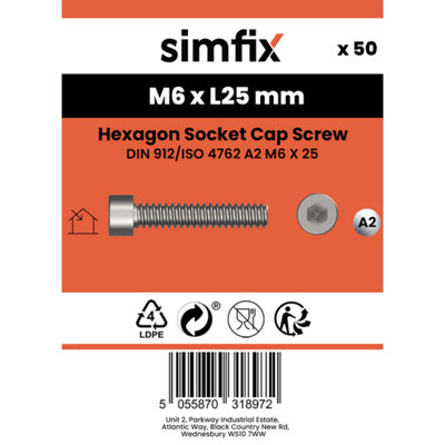 Simfix Hex Socket Cap Screw DIN 912/ISO 4762 A2 Stainless Steel (M6 X ...