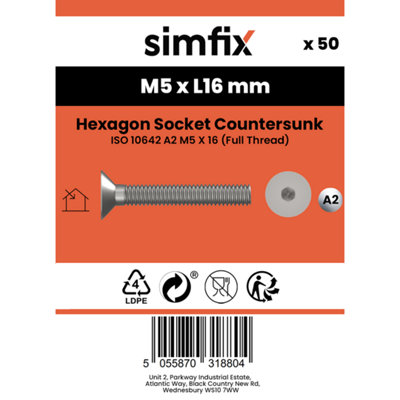Simfix Hex Socket Countersunk ISO 10642 A2 M5 X 16 (Full Thread), 50