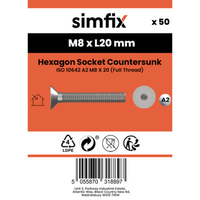 Simfix Hex Socket Csk Screw ISO 10642 A2 Stainless Steel (M8 X 20 ...