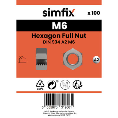 Simfix Hexagon Full Nut DIN 934 A2 M6, Pack of 100