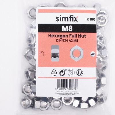 Simfix Hexagon Full Nut DIN 934 A2 M8, Pack of 100