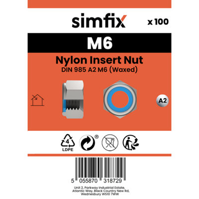 Simfix Nylon Insert Nut DIN 985 A2 M6 (Waxed), Pack of 100