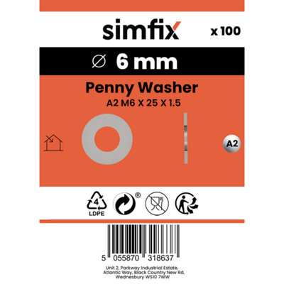 Simfix Penny Washer A2 M6 X 25 X 1.5, Pack of 100