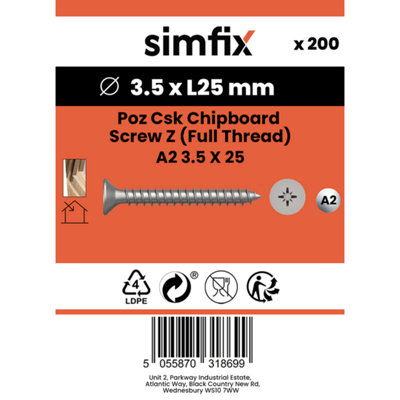 Simfix Poz Csk Chipboard (Z) A2 3.5 X 25, Pack of 200