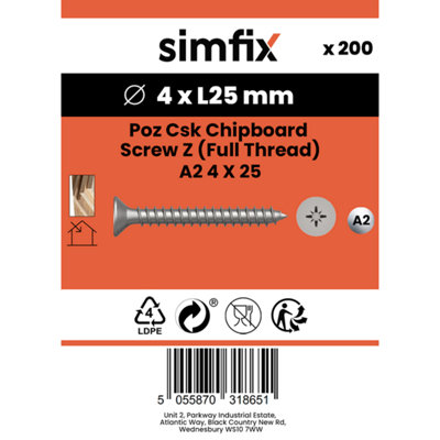 Simfix Poz Csk Chipboard (Z) A2 4 X 25, Pack of 200