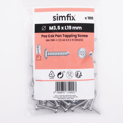 Simfix Poz Pan Tapping Screw DIN 7981-C (Z) A2 3.5 X 19 (6X3/4), Pack ...