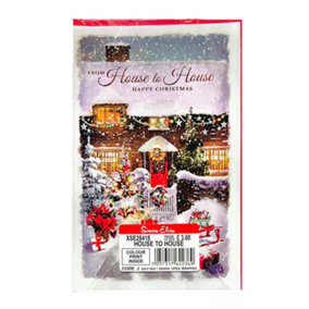 Simon Elvin Happy Christmas House To House Winter Scene Christmas Card (Pack of 6) White/Brown/Red (One Size)