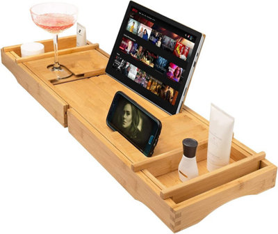 Relux Premum 100% Natural Bamboo Bath Caddy Brdge U2013 Extendable Luxury