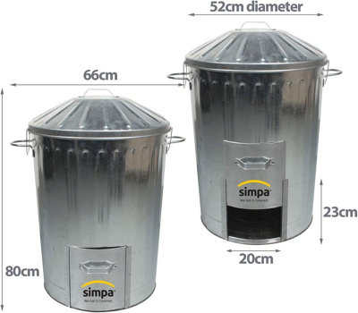 simpa 125 Litre Galvanised Metal Dustbin with Door Hatch. - 3