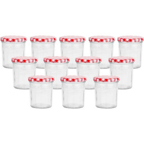 simpa 12PC Wide Mouth Glass Preserve Jars with Airtight Red Gingham Screw Top Lids - 324ml