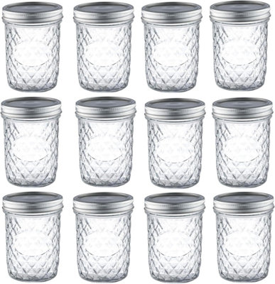 simpa 12PK 475ml/16oz Quilted Decorative Glass Mason Jars with Silver Metal Airtight Lids.