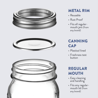simpa 12PK 475ml/16oz Quilted Decorative Glass Mason Jars with Silver Metal Airtight Lids.