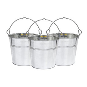 simpa 15L Heavy Duty Galvanised Metal Bucket Pail with Handle - Set of 3