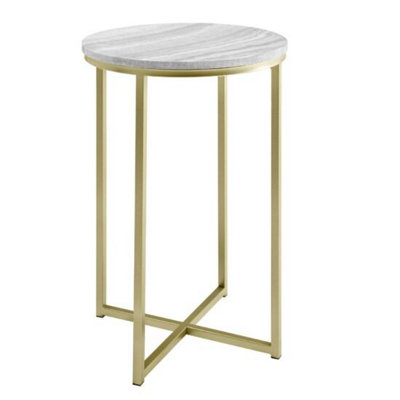 simpa 16" Round Faux Grey Vein Cut Marble & Gold Side Table Gold Legs