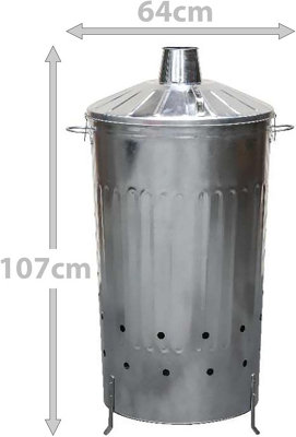 simpa 180L XXL Strong Tough Galvanised Metal Incinerator & Locking Lid 107cm (H) x 64cm (W) x 52cm (Dia)