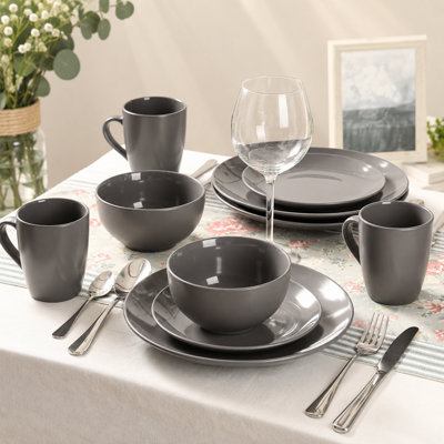 simpa 24PC Grey Glazed Ceramic Stoneware Dinner Set.