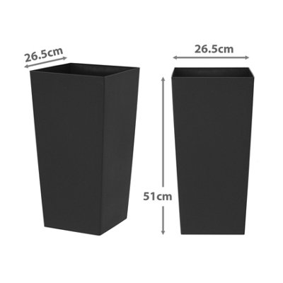 simpa 27L Large Square Milano Grande Planter Pot - BLACK Set of 2 Pots - 51cm (H) x 26.5cm (W) x 26.5cm (D) - 3