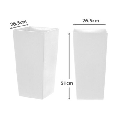 simpa 27L Large Square Milano Grande Planter Pot - WHITE Set of 2 Pots - 51cm (H) x 26.5cm (W) x 26.5cm (D) - 3
