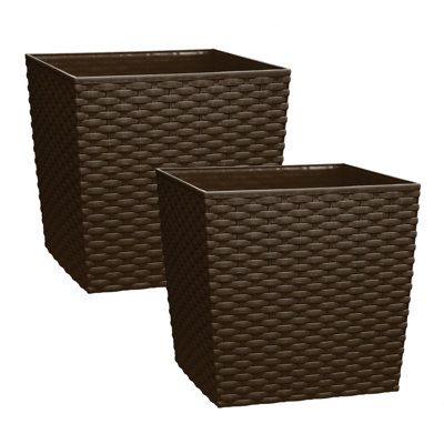 simpa 2PC Brown 10L Cubie Rattan Plastic Planters - 22cm (H) x 22cm (W) x 22cm (D)