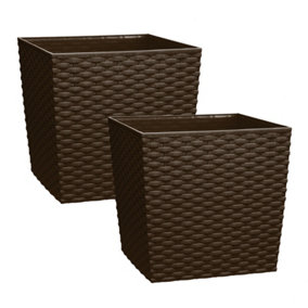 simpa 2PC Brown 7L Cubie Rattan Plastic Planters - 19cm (H) x 19cm (W) x 19cm (D)