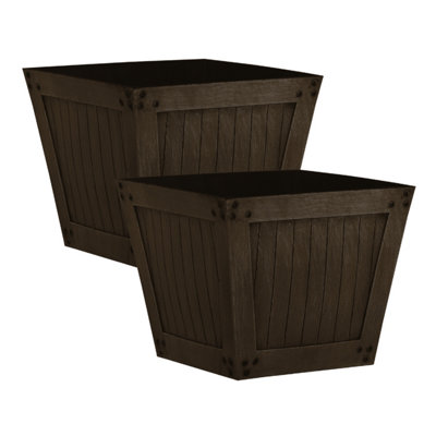 simpa 2PC Dark Brown Slatted Wood Style Plastic Planters 31cm (Dia)