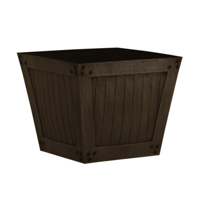 simpa 2PC Dark Brown Slatted Wood Style Plastic Planters 31cm (Dia)