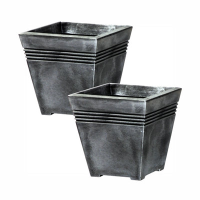 simpa 2PC Distressed Silver Plastic Milano Square Planters with 4 Linear Groove Design.