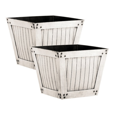 simpa 2PC Distressed White Slatted Wood Style Plastic Planters 31cm (Dia)