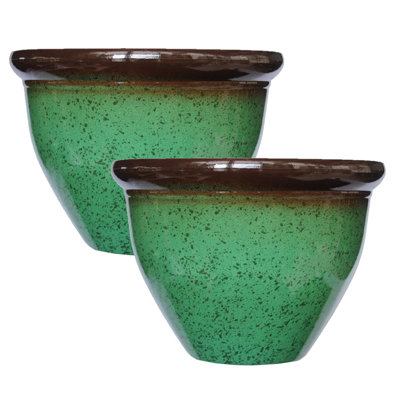 simpa 2PC Green Speckle Glaze Effect Plastic Planters 23cm (Dia)