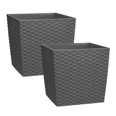 simpa 2PC Grey 7L Cubie Rattan Plastic Planters - 19cm (H) x 19cm (W) x 19cm (D)