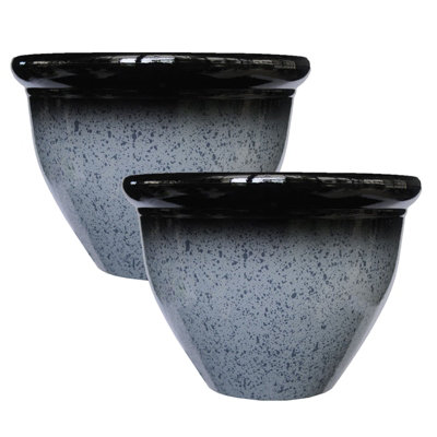 simpa 2PC Grey Speckle Glaze Effect Plastic Planters 23cm (Dia)