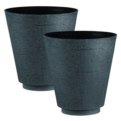 simpa 2PC Hudson Grey/Black Textured Effect Plastic Planters 44cm (Dia).