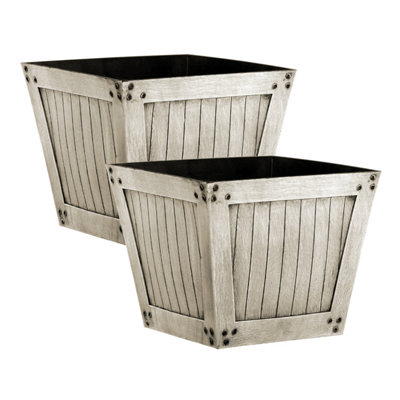 simpa 2PC Natural Slatted Wood Style Plastic Planters 31cm (Dia)