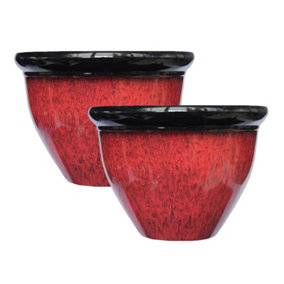simpa 2PC Red Two Colour Tone Drip Glaze Effect Plastic Planters 30.5cm (Dia).