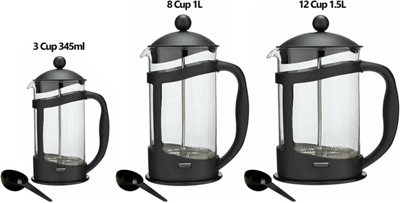 simpa 3 Cup Black Plastic Cafetiere Coffee Maker French Press Pot - Set of 2
