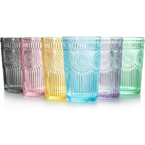 simpa 380ml Vintage Embossed Multicolour Highball Drinking Glasses, Set of 6