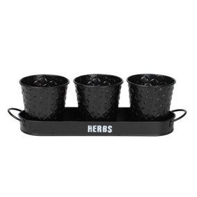 simpa 3PC Black Herb Pot Planters with Embossed Decorative Finish & Tray