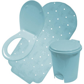 simpa 3PC Blue Bathroom Set: Bath Mat, Bin & Toilet Seat