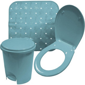 simpa 3PC Blue Bathroom Set: Shower Mat, Bin & Toilet Seat