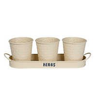 simpa 3PC Cream Herb Pot Planters with Embossed Decorative Finish & Tray