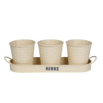 simpa 3PC Cream Herb Pot Planters with Embossed Decorative Finish & Tray