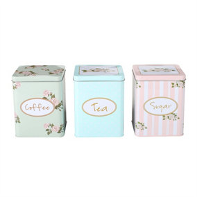 simpa 3PC Floral Shabby Chic Square Shaped Tea, Coffee & Sugar Canisters.